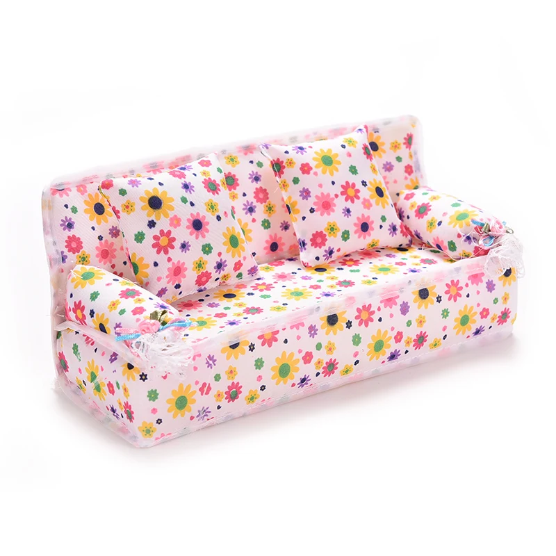 1 Set Cute Miniature Doll House Furniture Flower Cloth Sofa With 2 Cushions Pretend Play For Doll Kids Play House Toys