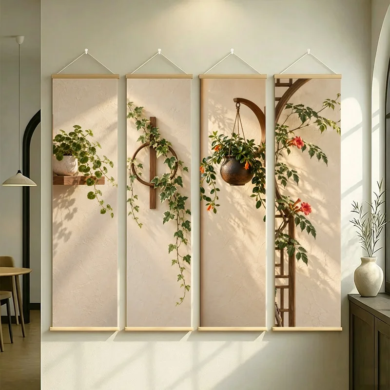Wall Decor Variegated Ivy and Goldfish Plant, Calm Wabi-Sabi Silver Shimmer Canvas Hanging Scroll for Japandi Living Room