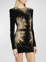 HIGH STREET Newest 2024 Designer Fashion Women's Long Sleeve Stunning Sequined Rhinestone Diamonds Beaded Velvet Dress