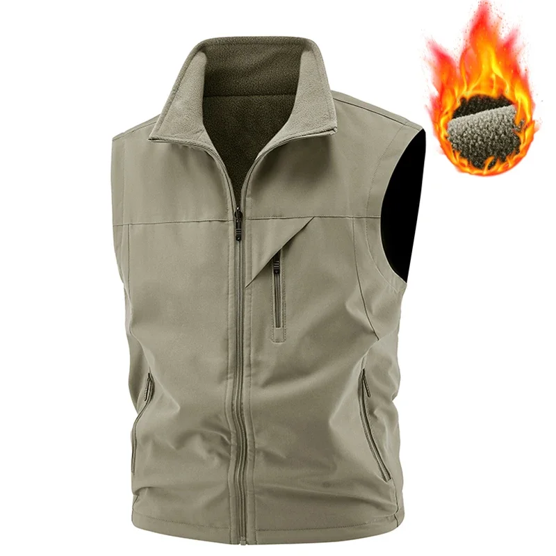 Men Winter New Fleece Warm Vest Jacket Men Outdoor Windproof Photographer Fishing Waistcoat Stand Collar Double-Sided Vest Male