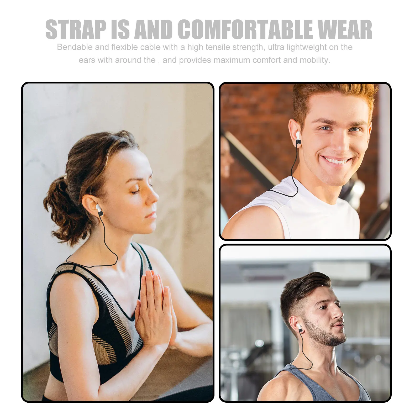 Black Silicone Anti-Lost Earphone Strap Neckband Cable Holder Strong Flexible for Sports Running Outdoor