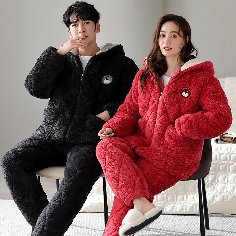 Winter Couple Pajamas Set Thick Warm 3 Layer Clip Cotton Pyjamas Lovers Hooded Home Clothing