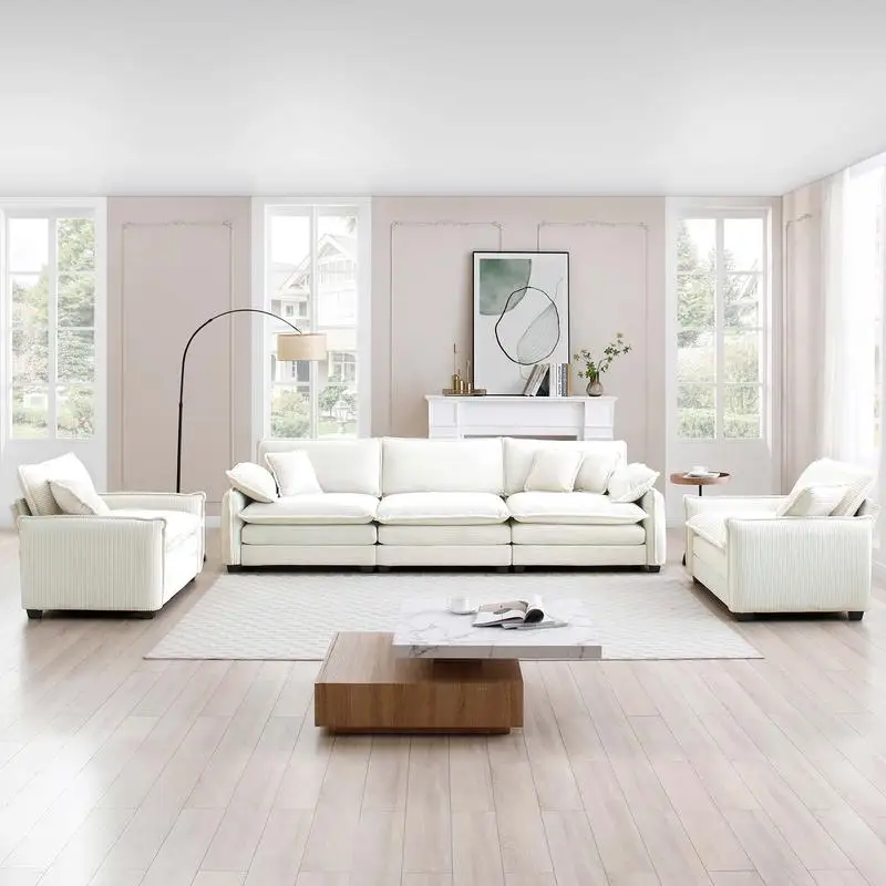 

Cozy 3-Seater and 2 Single Sofas Set, Soft Cushions Pillows, Beige Corduroy Fabric, Home Theater Style Furniture for Living