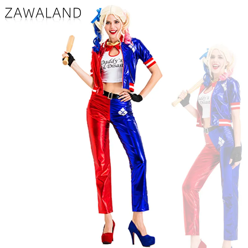 

Clown Cosplay Costume For Woman Harry Q Red Blue Glossy Suit Movie Role Play Full Set Stage Performance Clothes Carnival Outfits