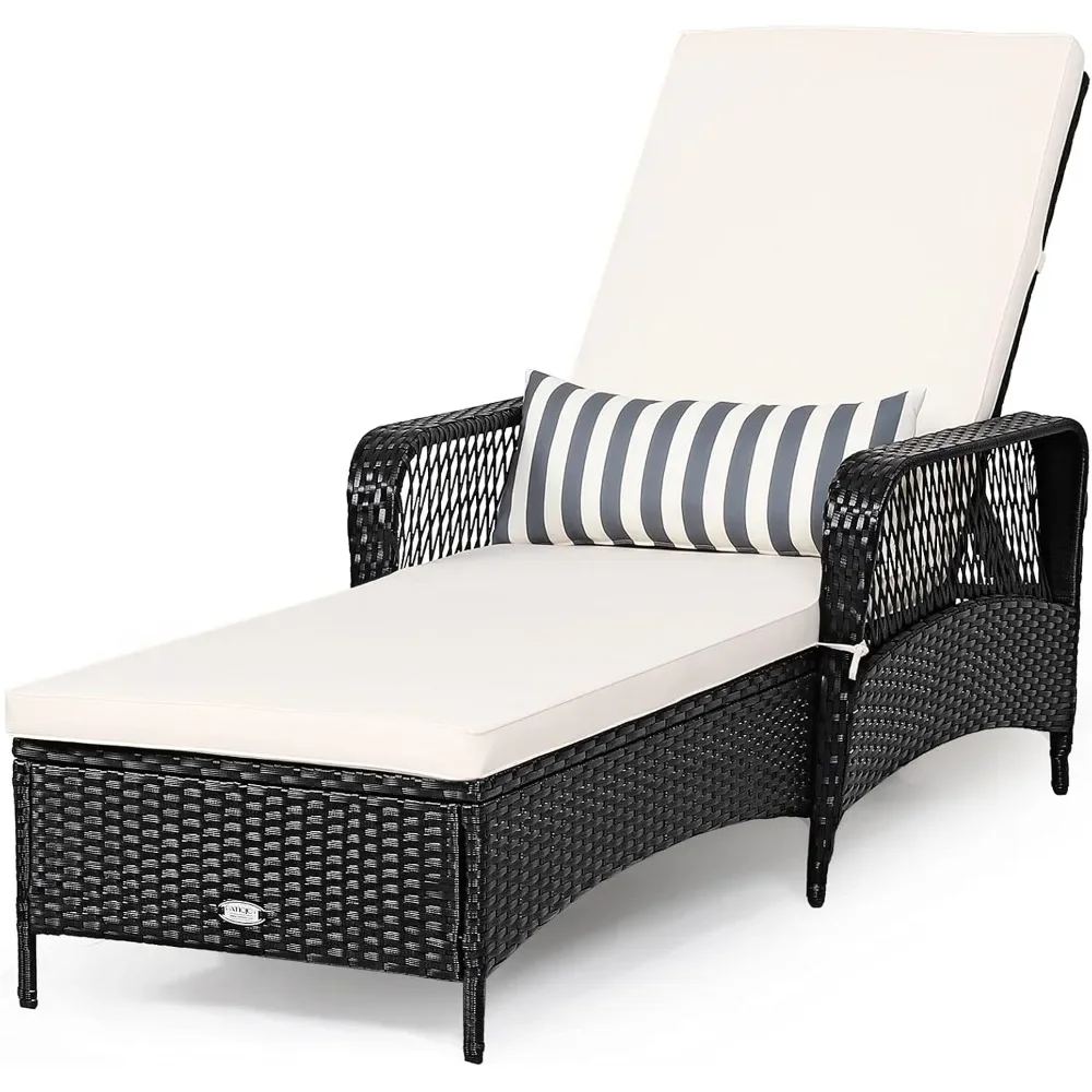 Patio Wicker Chaise Lounge Chair, Outdoor Rattan Reclining Chaise w/ 6-Gear Adjustable Backrest, Thick Padded Cushion