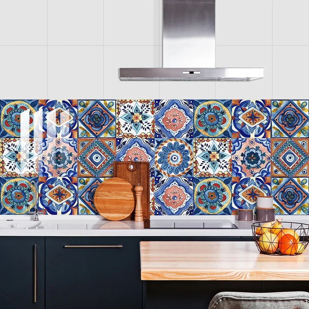 10pcs Retro Mandala Style Tiles Sticker Kitchen Backsplash Oil-proof Cupboard Washbasin Peel & Stick Waterproof Art Wallpaper