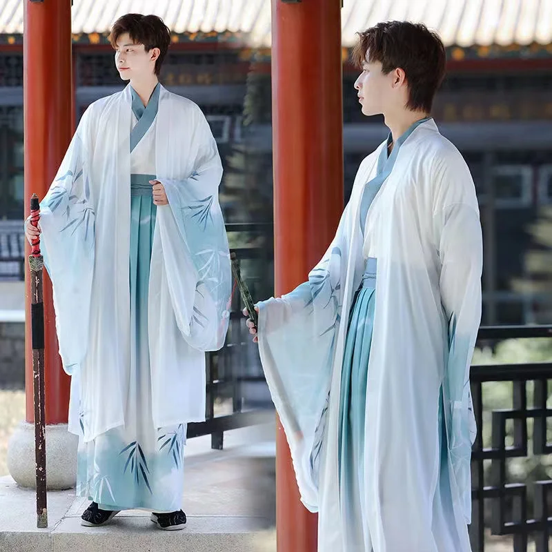 Costume de Cosplay Hanfu Chinois pour Homme, Chemise Bleue, Jupe, Veste, Ensemble de 3 Pièces Vintage, Grande Taille 2XL, Halloween