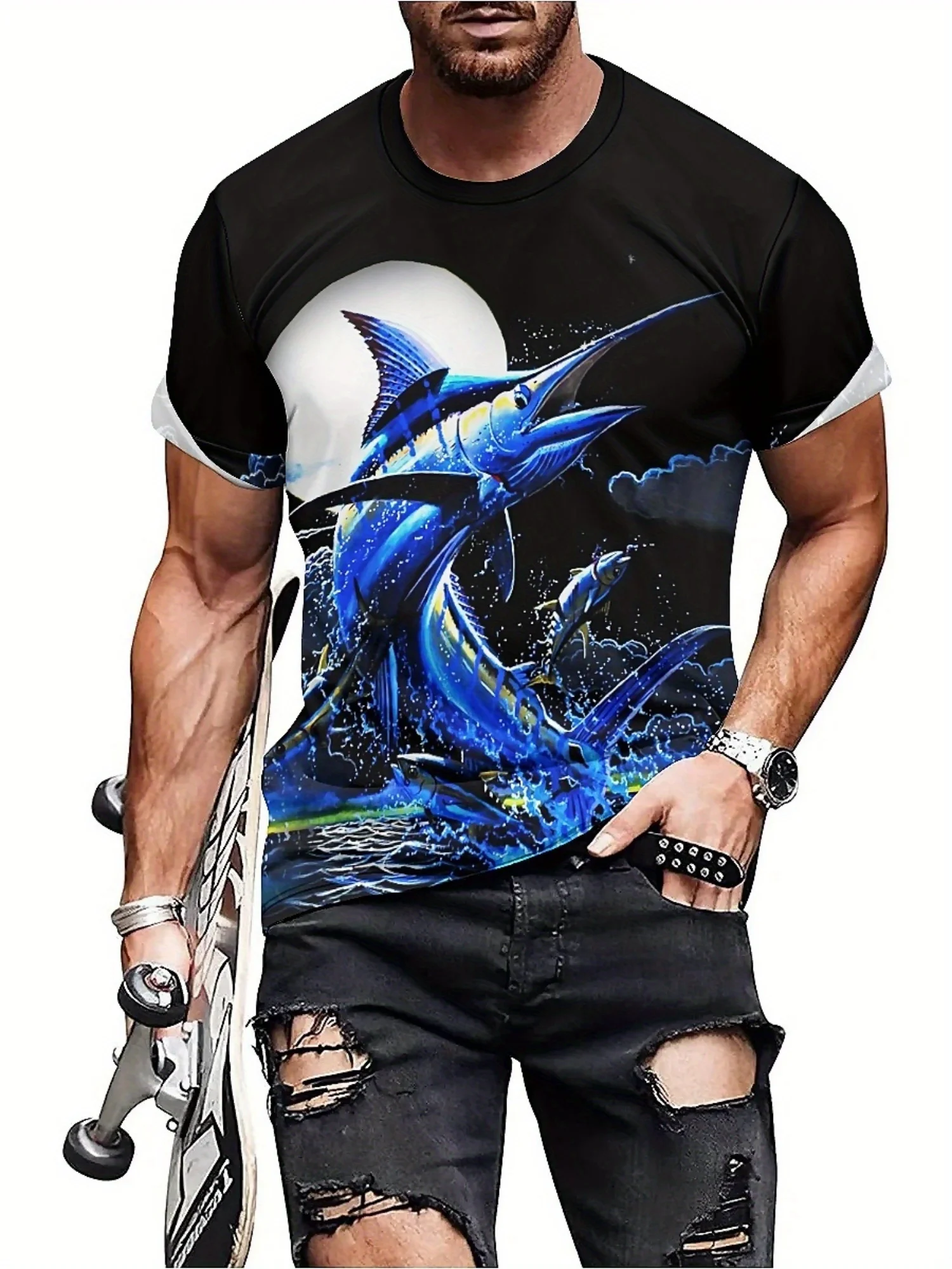 Men'S 3D Print Short Sleeve T-Shirt - Vibrant Blue Marlin Art, Loose Fit, Breathable & Comfortable Fabric