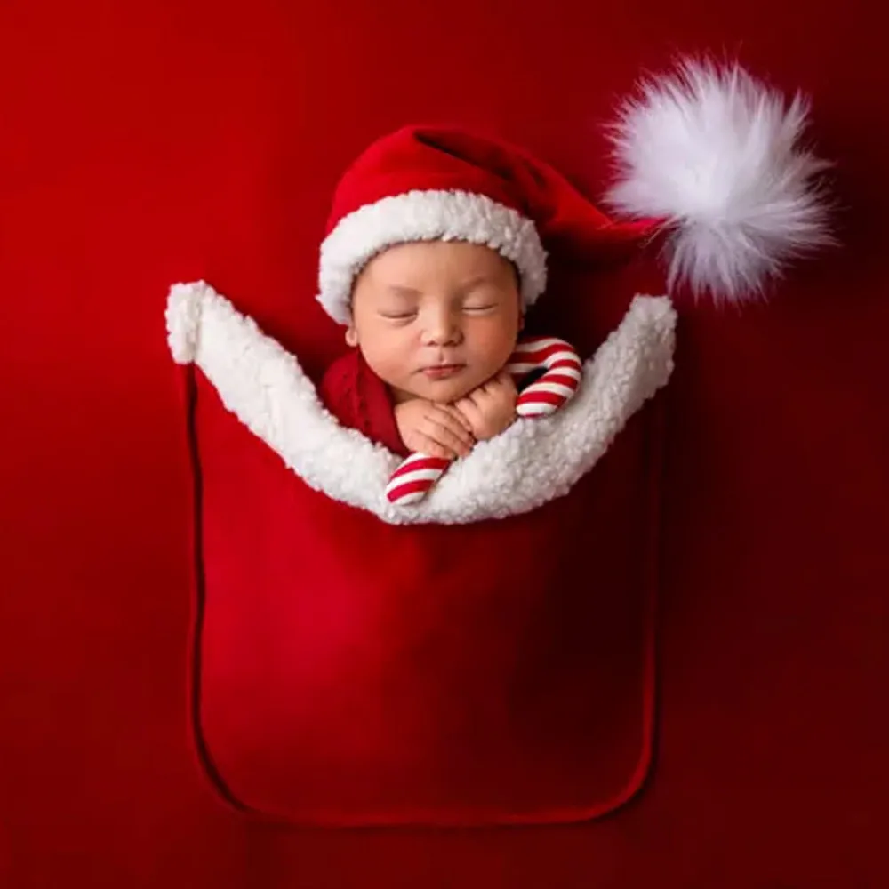 ❤️Newborn Photography Clothing Christmas Hat+Pocket Background Cloth 2Pcs/set Studio Baby Photo Prop Accessories Santa Outfits