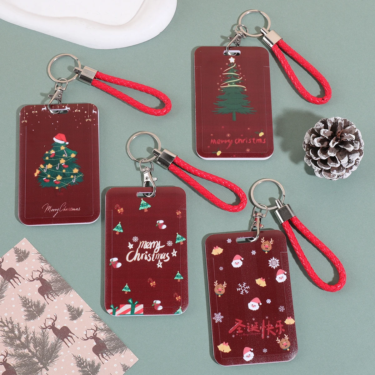1 pc Christmas themed card holders with different prints, portable hand-held leather rope ID card business card storage note