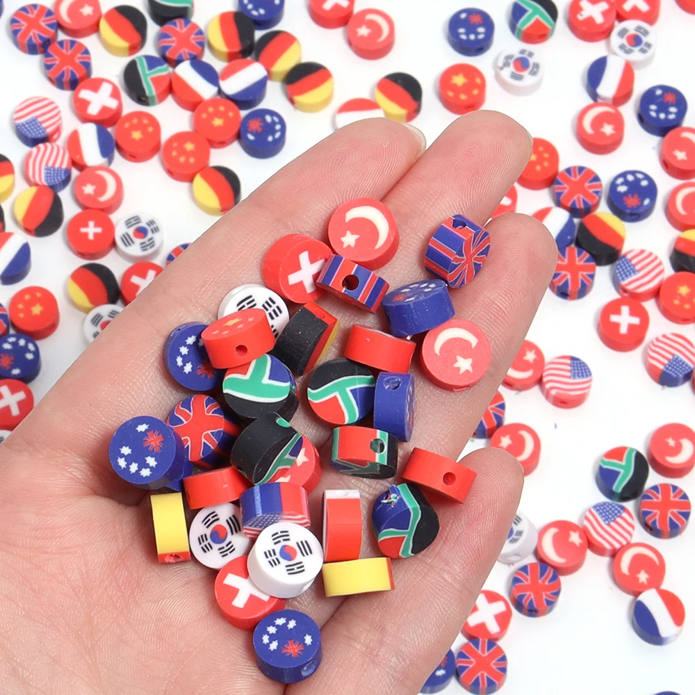 50pcs Polymer Clay Beads Color Flat Round National Flags Loose Bead for DIY Handmade Bracelets Necklace Accessories Wholesale