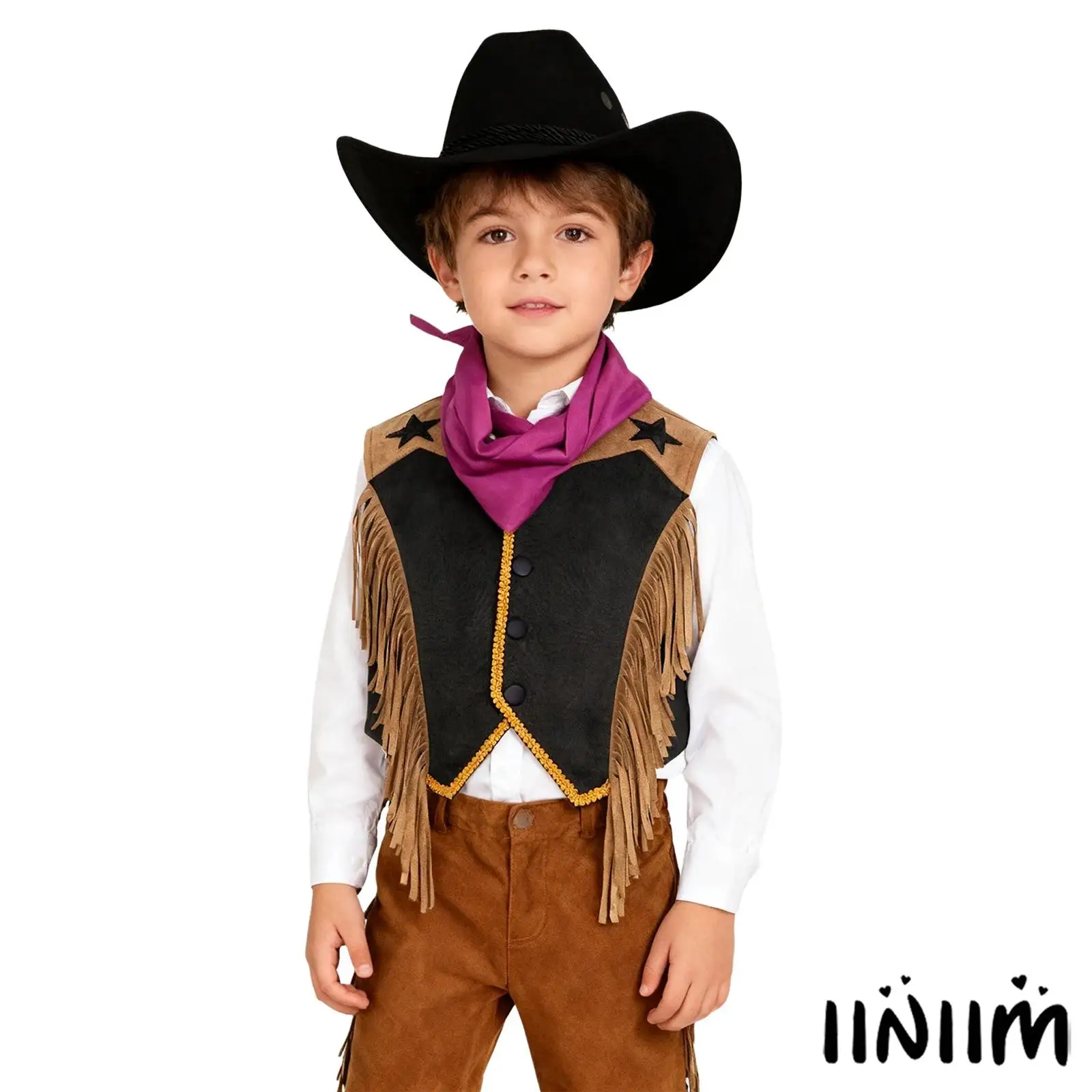

Kids Unisex 3Pcs Western Cowboy Explorer Outfits Fringed Gold Webbing Vest Outwear+Cowboys Hat+Paisley Bandana for Carnival