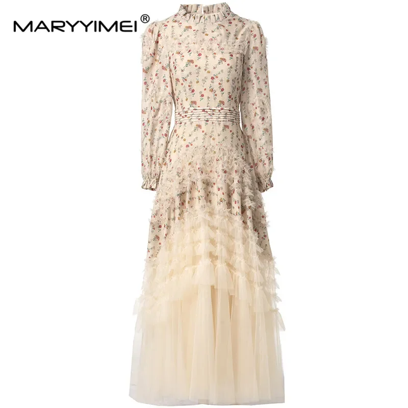 

MARYYIMEI Fashion design Women's Dress Stand collar Lantern Sleeved Edible Tree Fungus Edge New Fashion Big Swing S-3XL Dresses