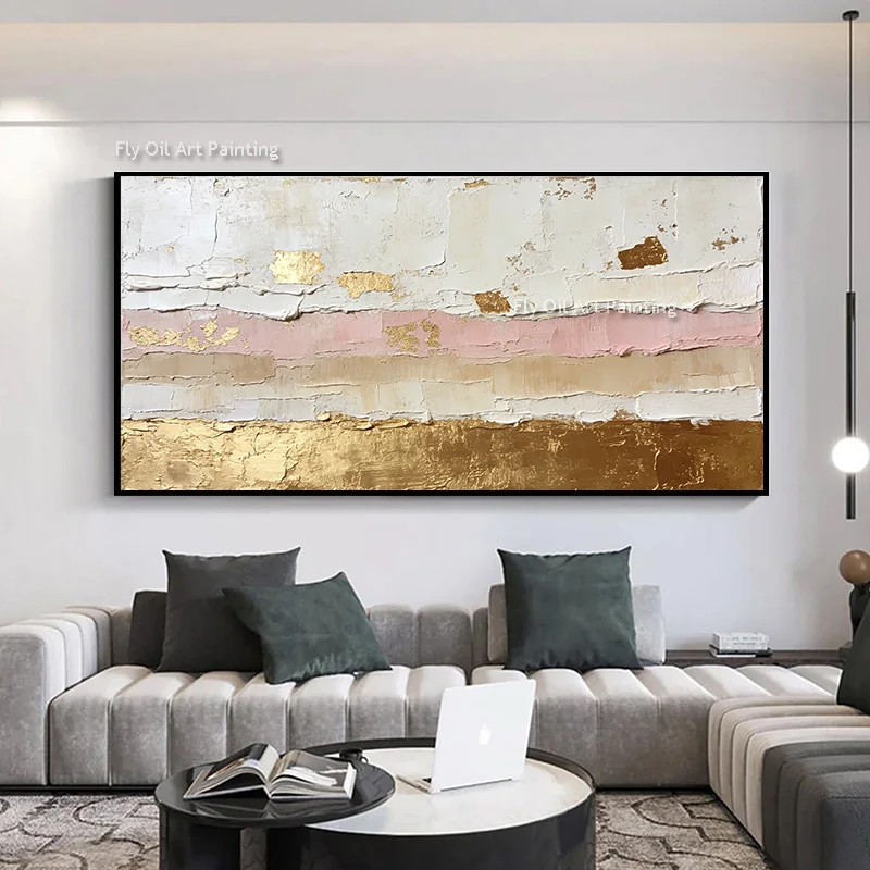 

Большая картина маслом ручной работы на холсте: золотисто-желтая, белая, простая, толстая, новая, оригинальная, абстрактная, коричневая, розовая. Предметы декора для дома.