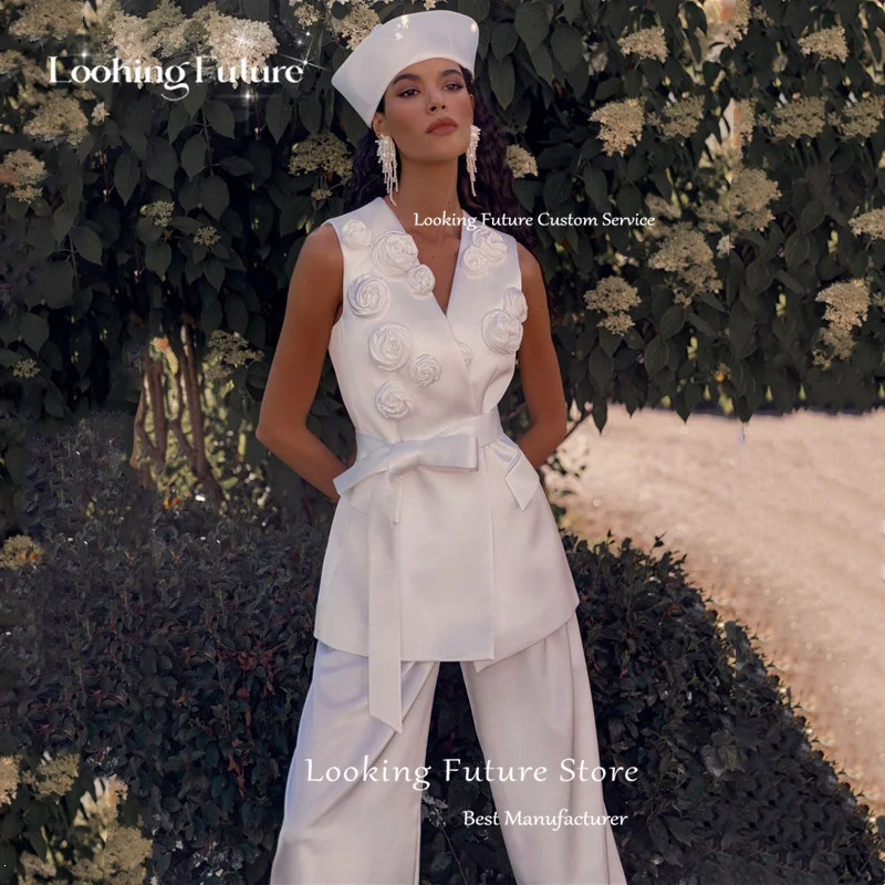 الحديثة السراويل الطويلة فساتين الزفاف الساتان للمرأة بلا أكمام الطية الزهور الزنانير مع جيب فستان مثير على شكل حرف v مخصص