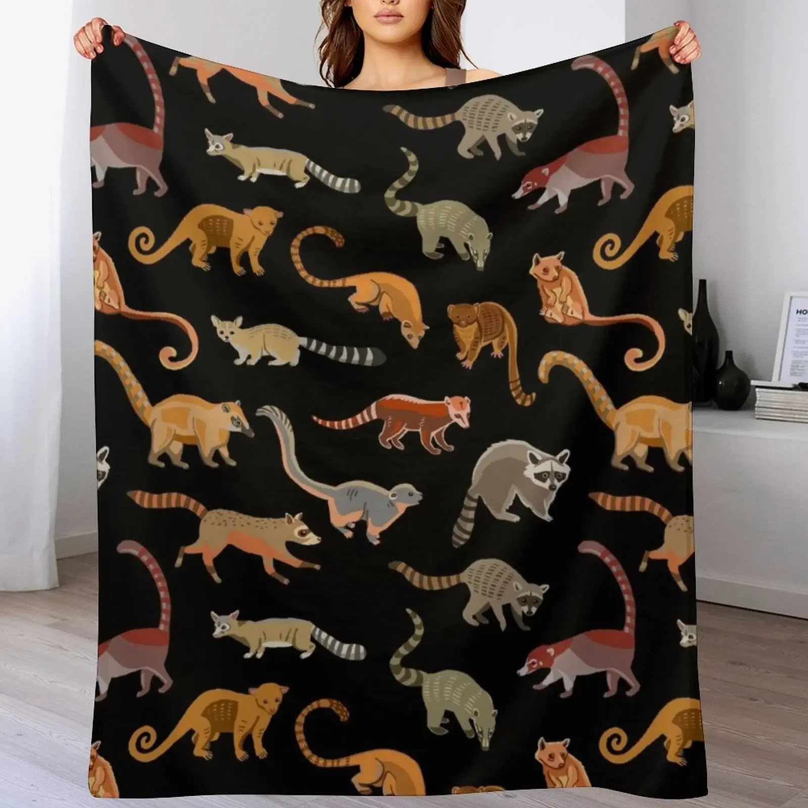 

Raccoons and Relatives: Species of Procyonidae Pattern (Coatis, Olingos, etc) Throw Blanket Flannels cosplay anime Blankets