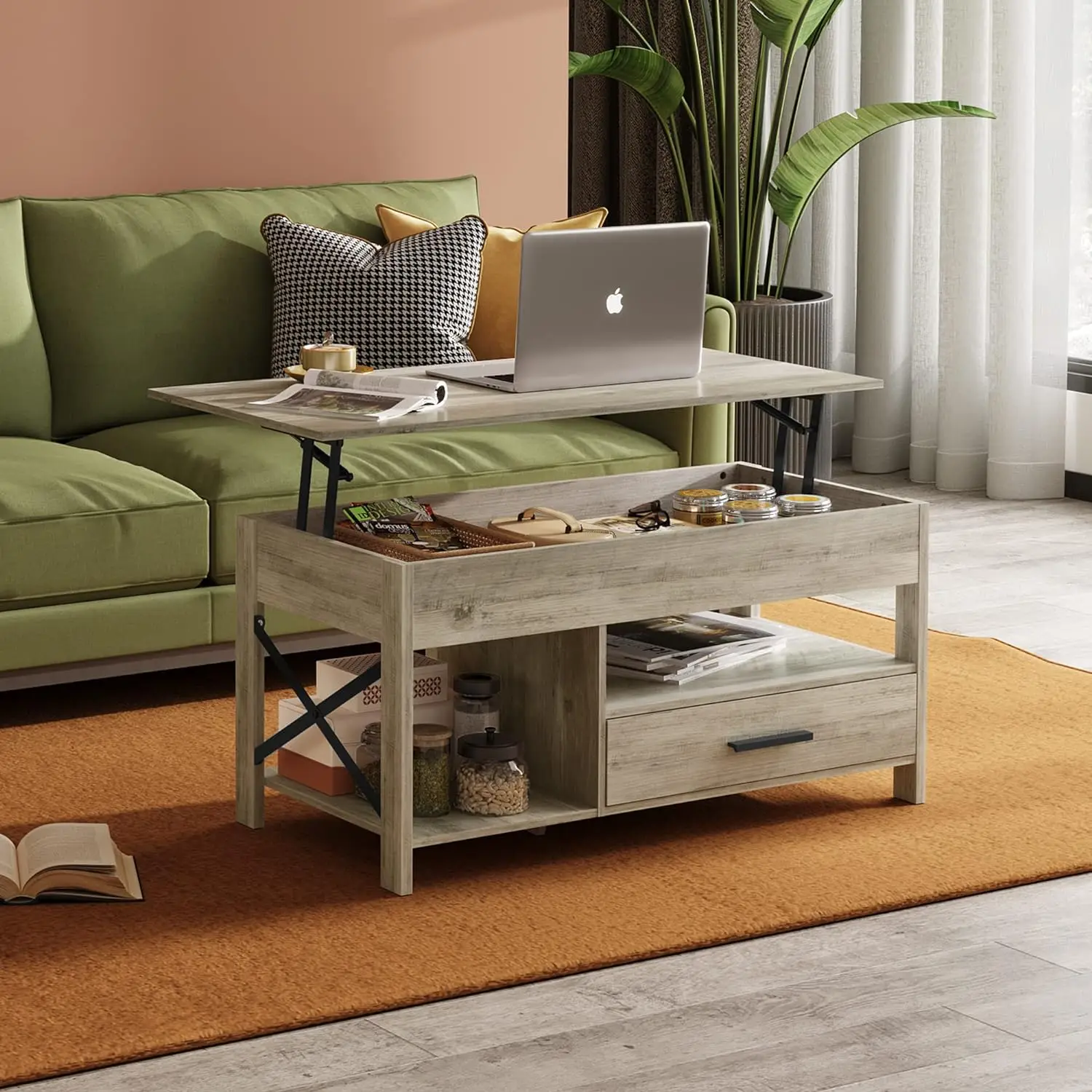 WLIVE-Lift Top Coffee Table para sala de estar, mesa de café com armazenamento, compartimento escondido e armação metálica, mesa central para Rece