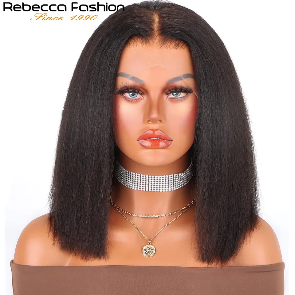 Short Bob Kinky Straight Lace Front Human Hair Wigs 13X6x2 Transparent Lace Front Wigs Pre Plucked Nature Yaki Straight Bob Wig