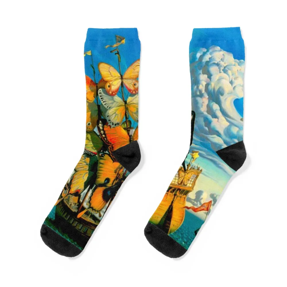 

BUTTERFLY SHIP : Vintage Surreal Abstract Fantasy Print Socks cool funny gift cycling gift Men's Socks Women's