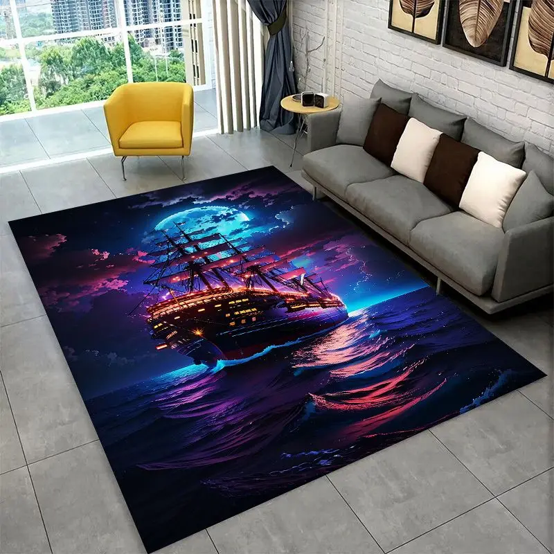 Storm Pirate Ship Boat Barque Large Area Rug Non-slip Durable Carpet for Bedroom Living Room Sofa Doormat Home Decor Floor Mat