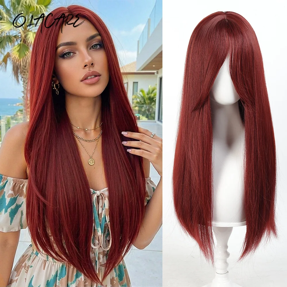 

Синтетический длинный прямой парик OLACARE с разрезом посередине, красный, синий, блонд, черный, для косплея, лолиты, вечеринок, Хэллоуина, в стиле Харадзюку, для девочек