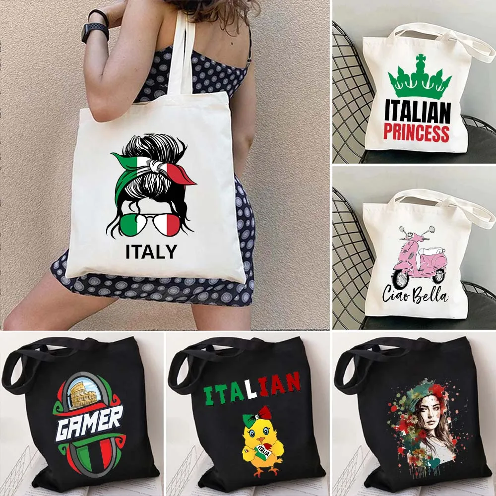 

Floral Bella Ciao Italian Shopper Harajuku Canvas Totes Bag Pisa Italy Flag Brunette Woman Girl Messy Bun Italia Cotton Handbags