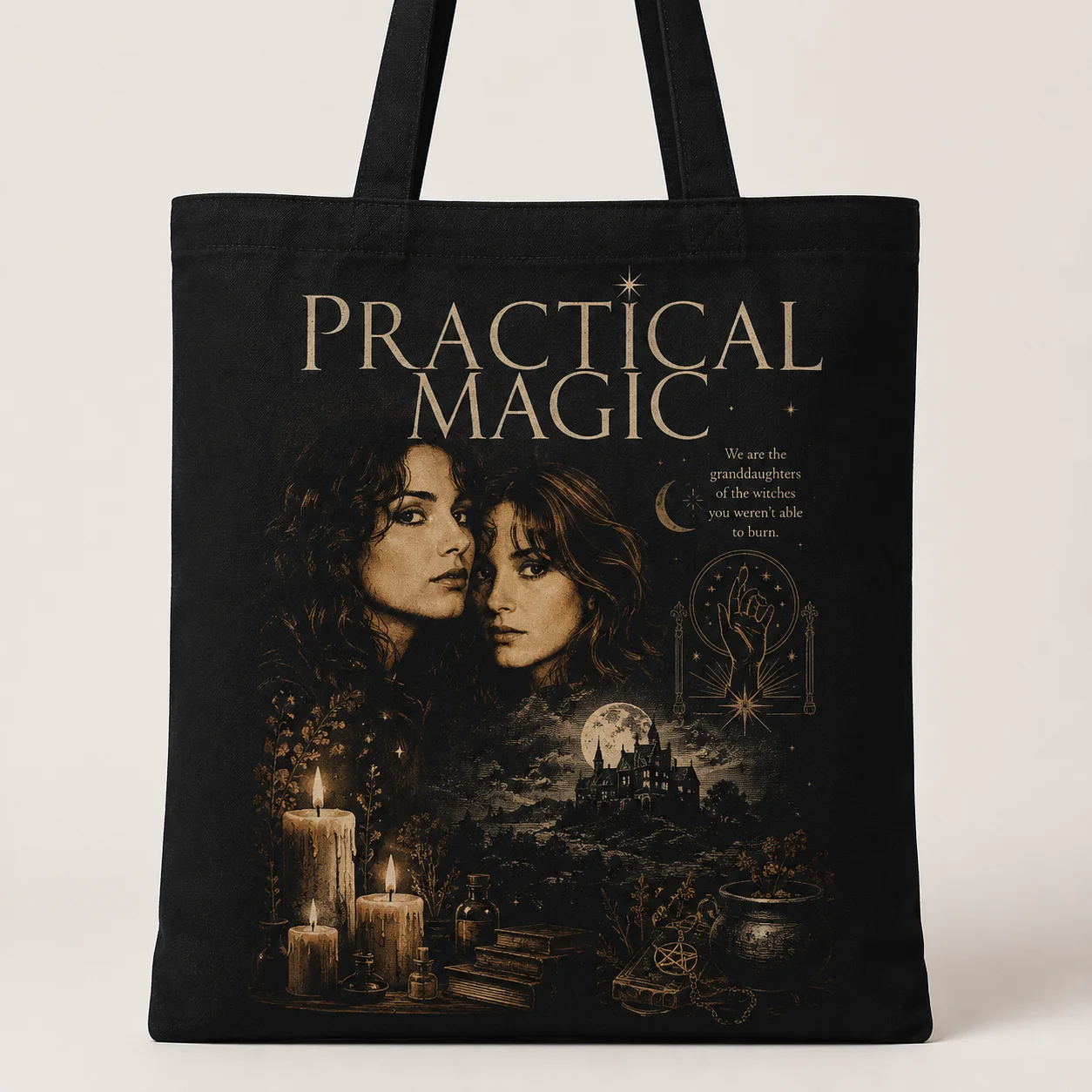 Dark Academia Witch Canvas Tote Bag, Retro Occult Magic Candle Cauldron Moon Graphic Print Large Capacity Handbag