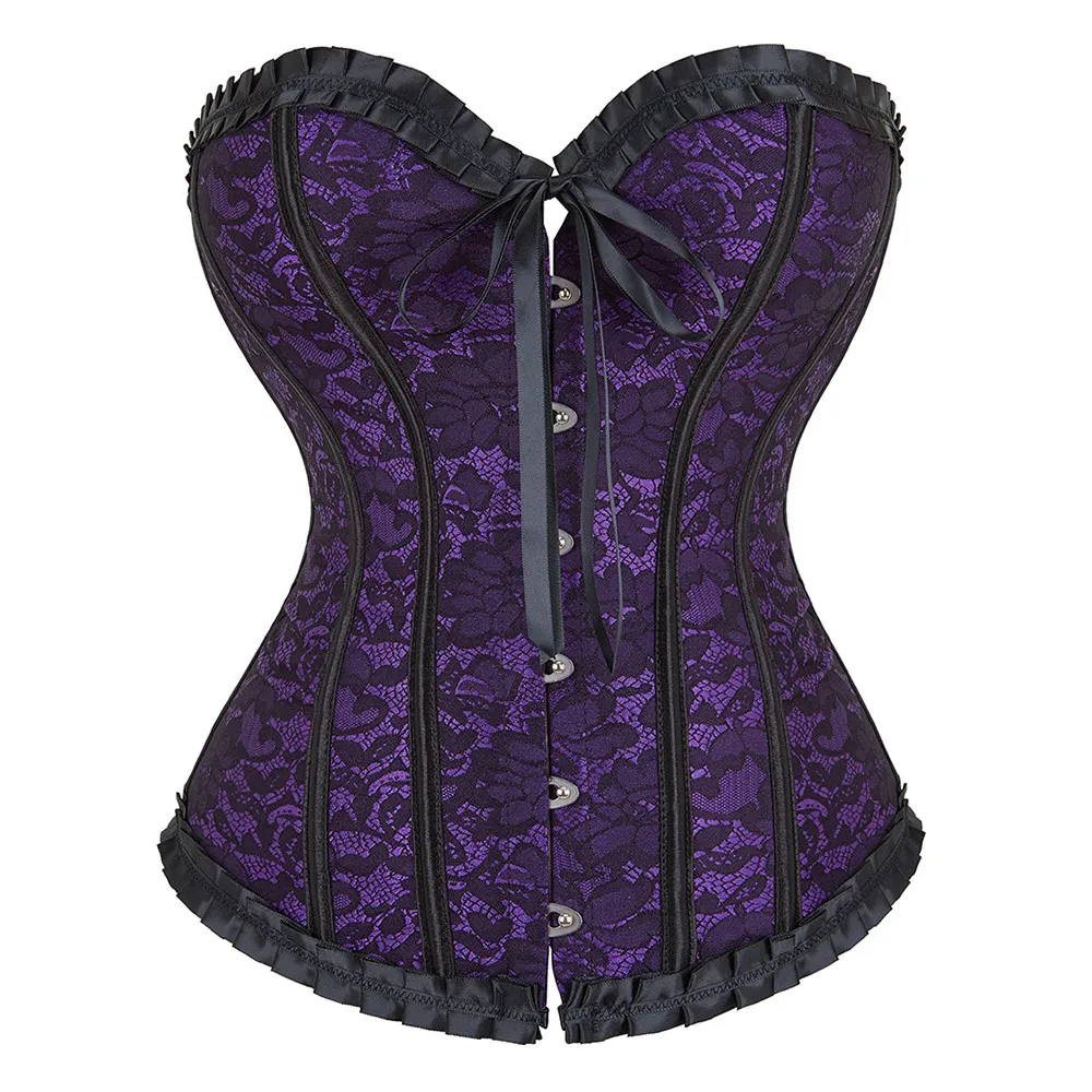 Vintage Jacquard Corset with Ruffled Trim Women Sexy Lace Up Overbust Bustier Tops Slimming Body Shaperwear