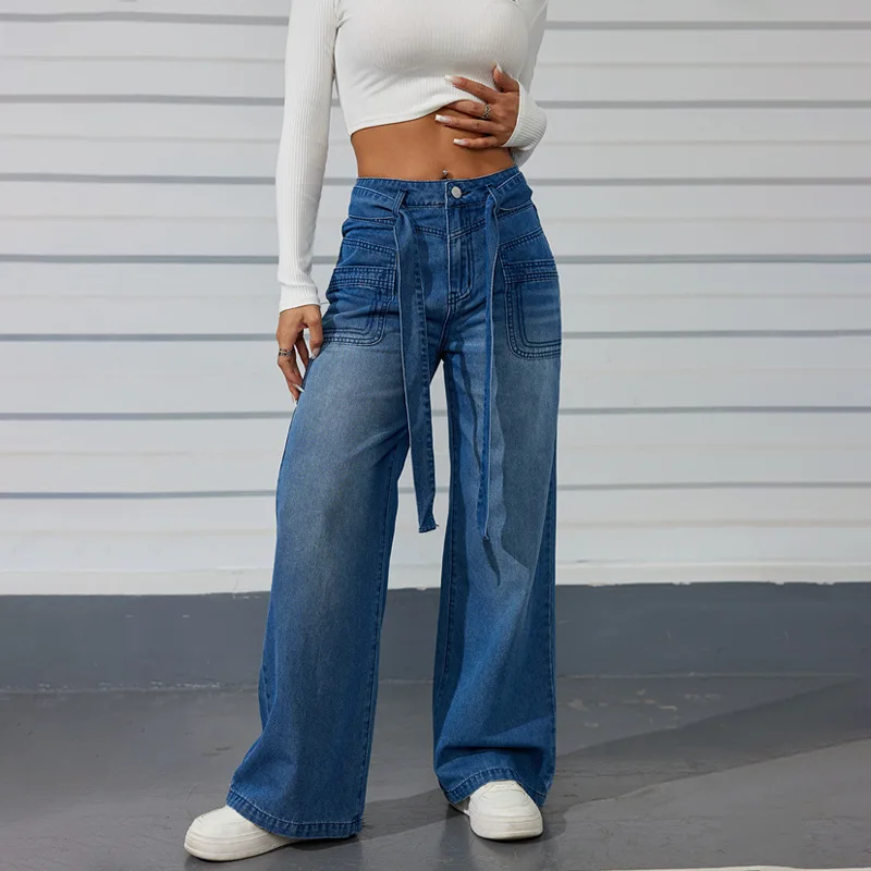 

Темно-синие широкие джинсы, женские новые уличные повседневные джинсы длиной до пола со шнуровкой и высокой талией, брюки, брюки