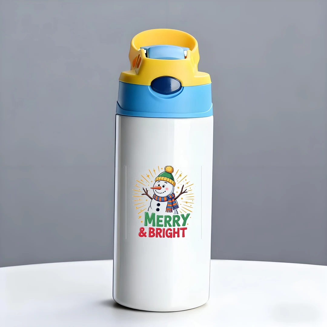 304 كوب معزول من الفولاذ المقاوم للصدأ + كوب امتصاص للأطفال إصدار رجل الثلج الكرتوني عيد ميلاد سعيد ومشرق هدية السنة الجديدة