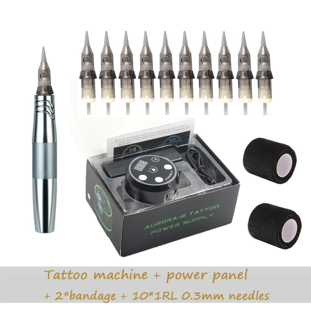 Black Permanent Makeup Tattoo Machine Pen Kit With LED Display Power Supply Tattoo Cartridge Needles Set