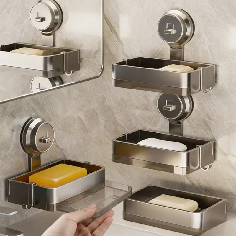 Soap Box Wall Mounted Suction Cup Aluminum Drain Rack For Bathroom Washroom Toilet Vanity Countertop Storage Organizer Soap Box