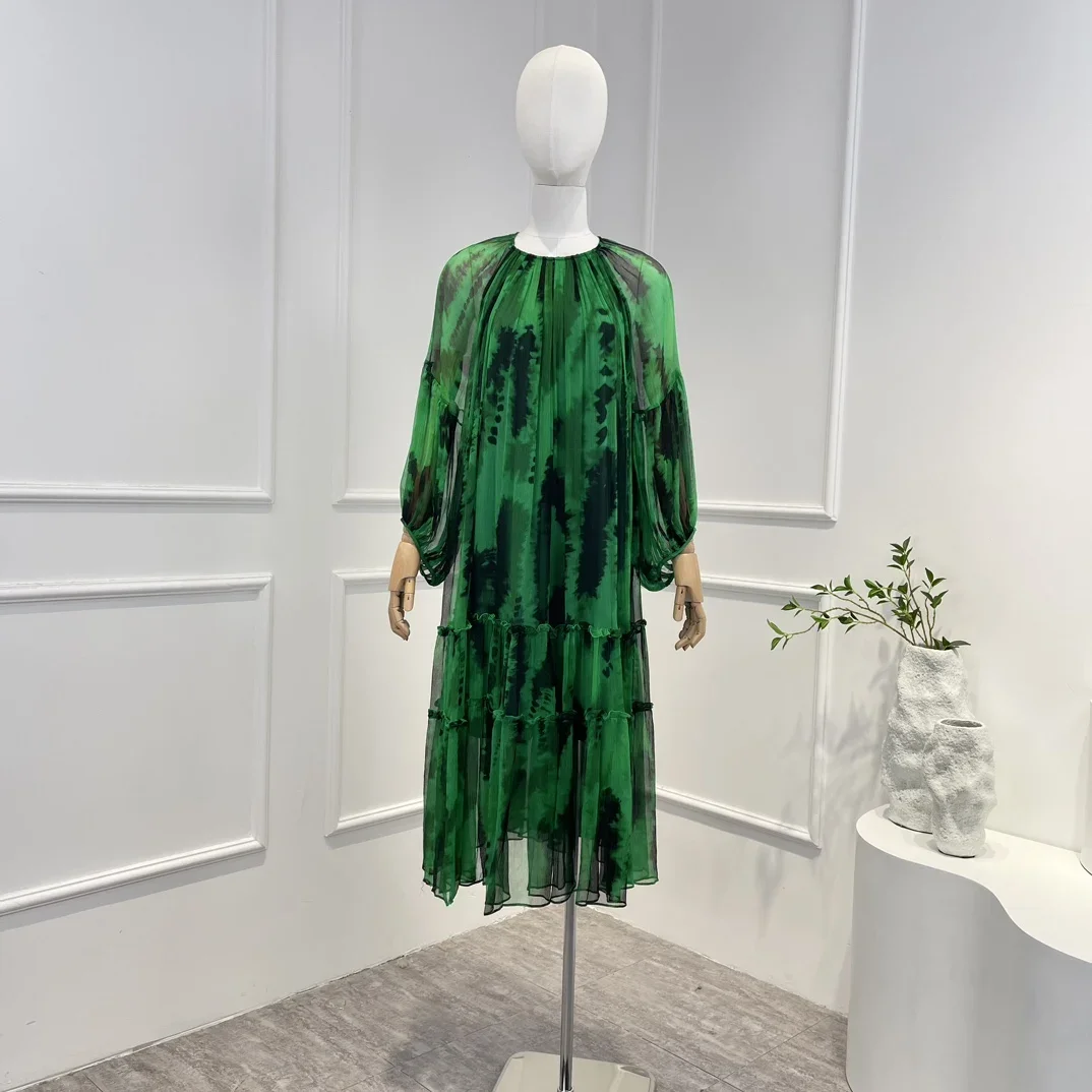 

2023 Silk Green Spring Summer Top Quality Vintage Casual Long Sleeve Crinkle Folds O-neck Woman Midi Dress