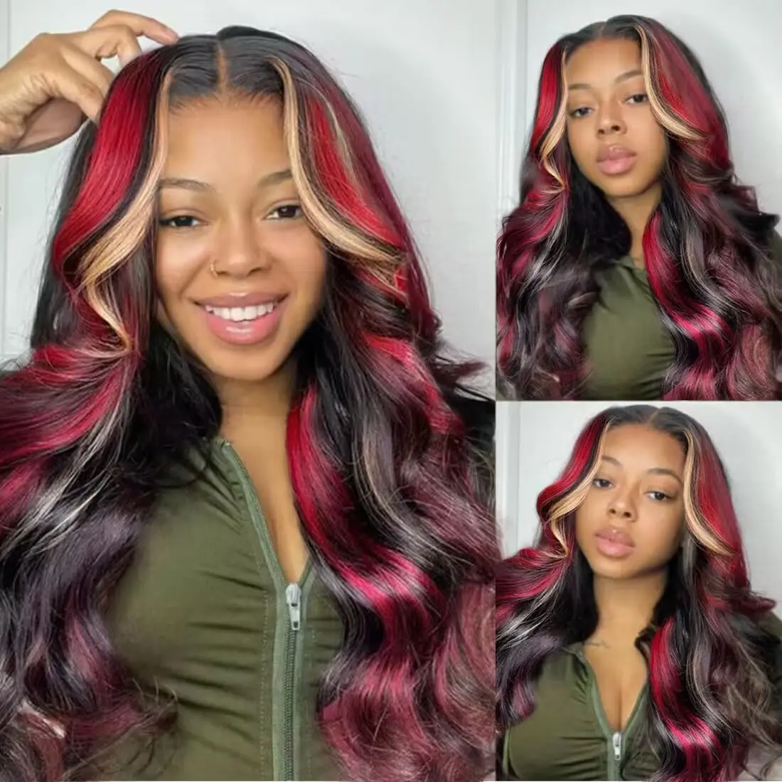 Red Blonde Highlights Body Wave 5x5 Glueless Wigs Human Hair Ombre Burgundy for Women Pre Plucked with Baby Hair Glueless 180%