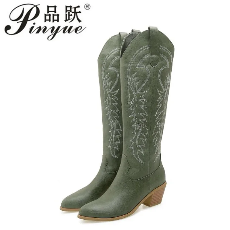 

Ковбойские сапоги в стиле вестерн с вышивкой для женщин, модные сапоги до колена, зимняя обувь, обувь на танкетке, туфли «Челси», большой размер 34, 50,