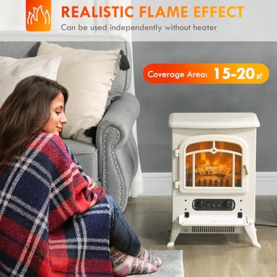 22 Electric Fireplace Heater Freestanding Fire Place Stove with Realistic LED Flames and Logs and Overheating Protection 725W/1