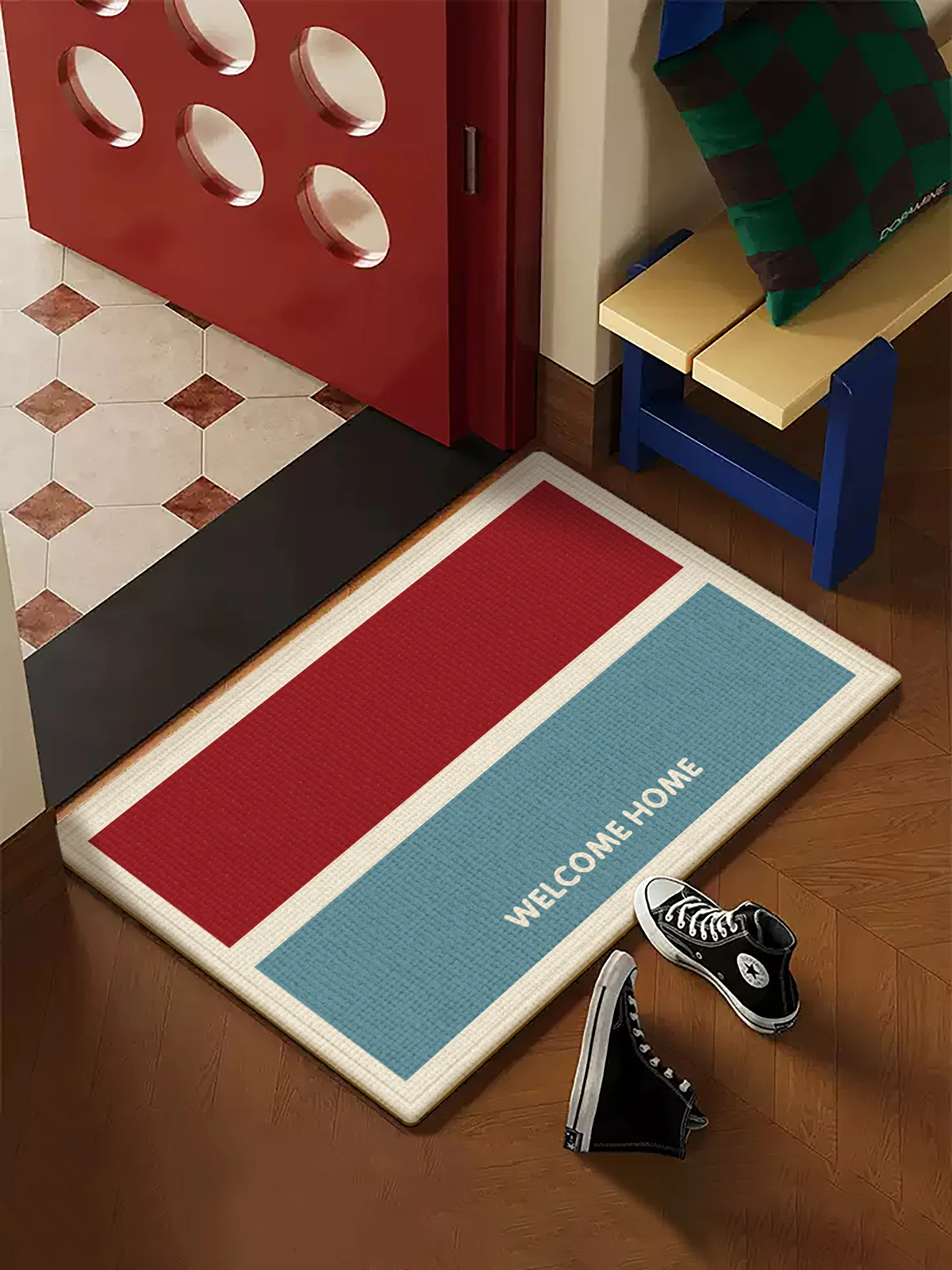 Welcome Home Bathroom Mat, Quick Dry Absorbent Non Slip Bath Rug, Soft Water Absorbing Floor Mat, Color Block Door Mat for Shower Sink Entryway