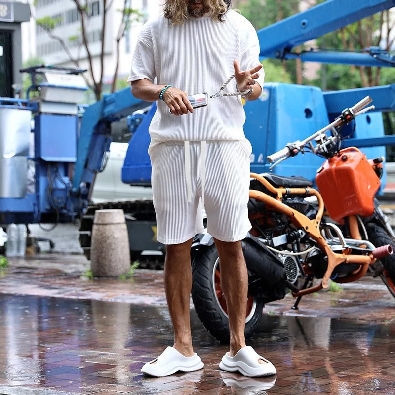 Summer Casual Cool Short-sleeved Shorts Suit Solid Color T-shirt+PantsVertical Stripes Loose Suit Vacation Short Sleeved Shorts