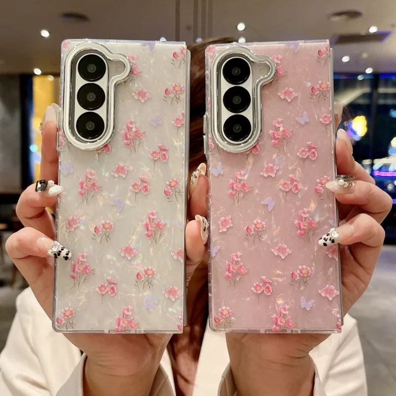 Retro Fashion Shell Patterned Flowers Bule Ray Electroplated Len Back Phone Case Cover For Samsung Galaxy Z Fold 7 6 5 4 3 5G