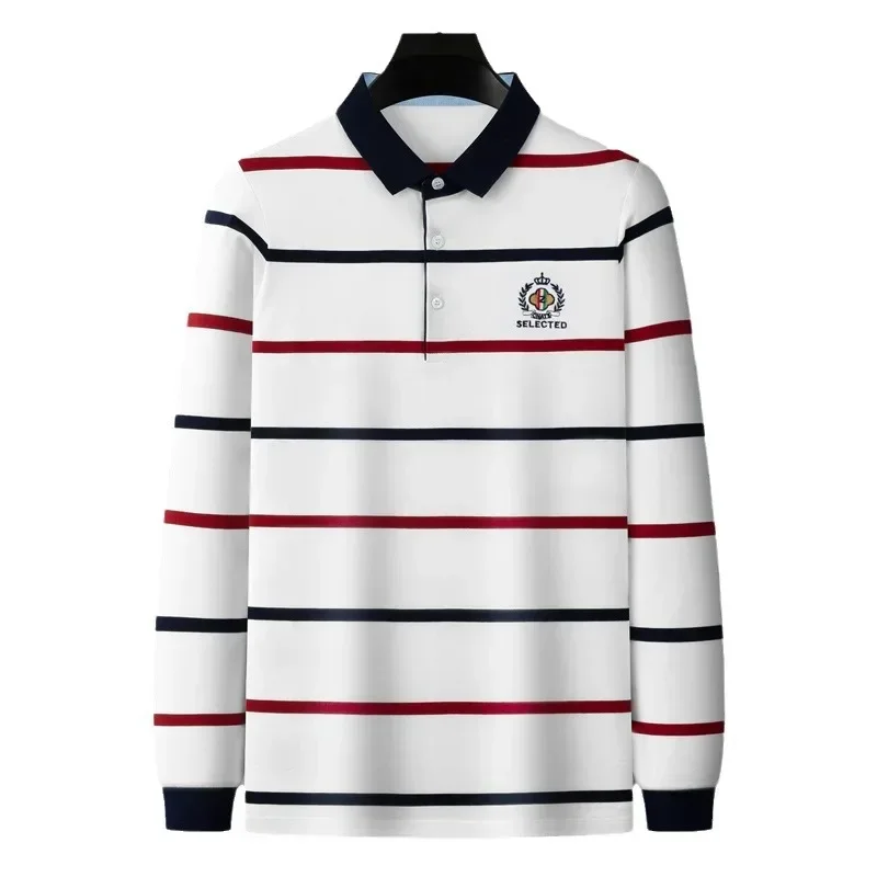 Embroidery Horse Polo Shirts for Men Business Casual Striped Long Sleeve Polo Winter Fashion Brand Men Clothing