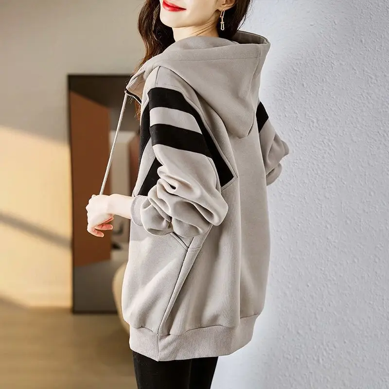 Women Korean Fashion Patchwork Casual Streetwear Hooded Sweatshirts Autumn Winter Fleece Warm Long Sleeve Loose Pullover Hoodies