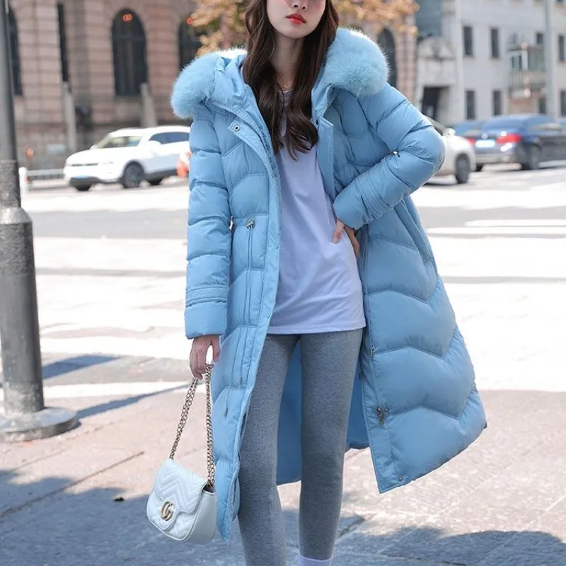 2023 New Women Down Jacket Winter Coat Female Fox Fur Collar Thicken Parkas White Duck Down Outwear Slimming Mid Length Overcoat