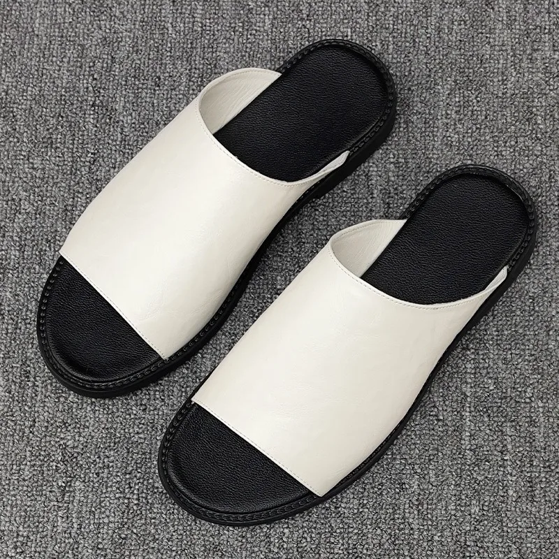 

38-48 leather slippers for man black white slides for man outdoor fashion business home slippers heren chanclas pantuflas hombre