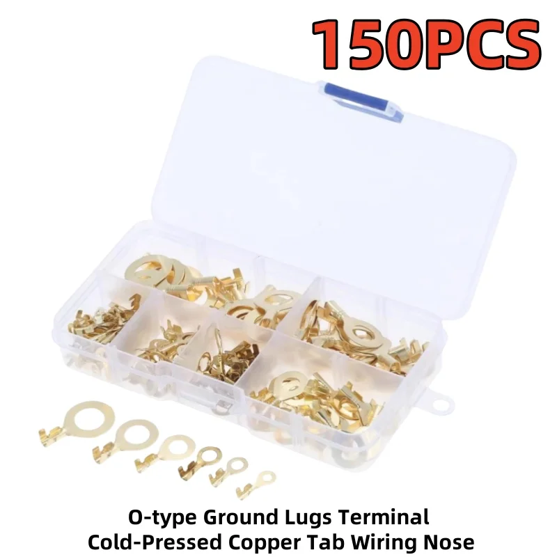 150PCS O-type Ground Lugs Terminal Cold-Pressed Copper Tab Wiring Nose M3/M4/M5/M6/M8/M10 Boxed Terminal Block Wire Connector