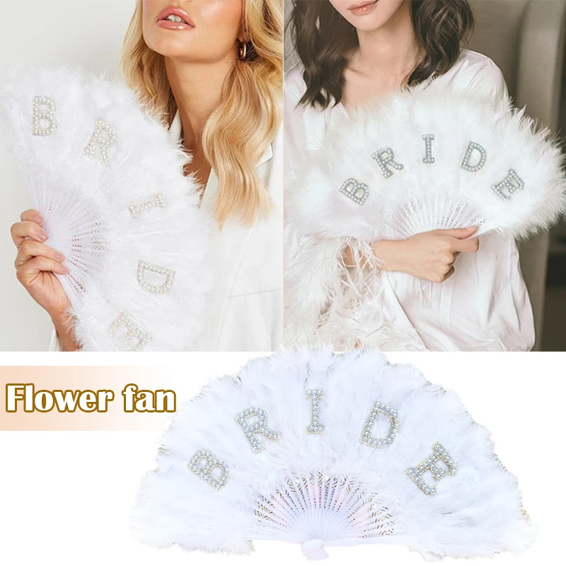 Pearl Feather Hand Fan Bridal Fan Bachelorette Hen Party Girls Wedding Bridal Shower Decoration Photo Props Engagement Gift Fan