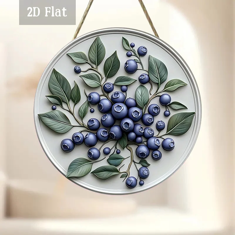 2D Flat - 1pc Blueberry Decor Woodblock Printing Decoration, Leafy Branches Wood Panel Painting, Botanical Style Round Wooden De