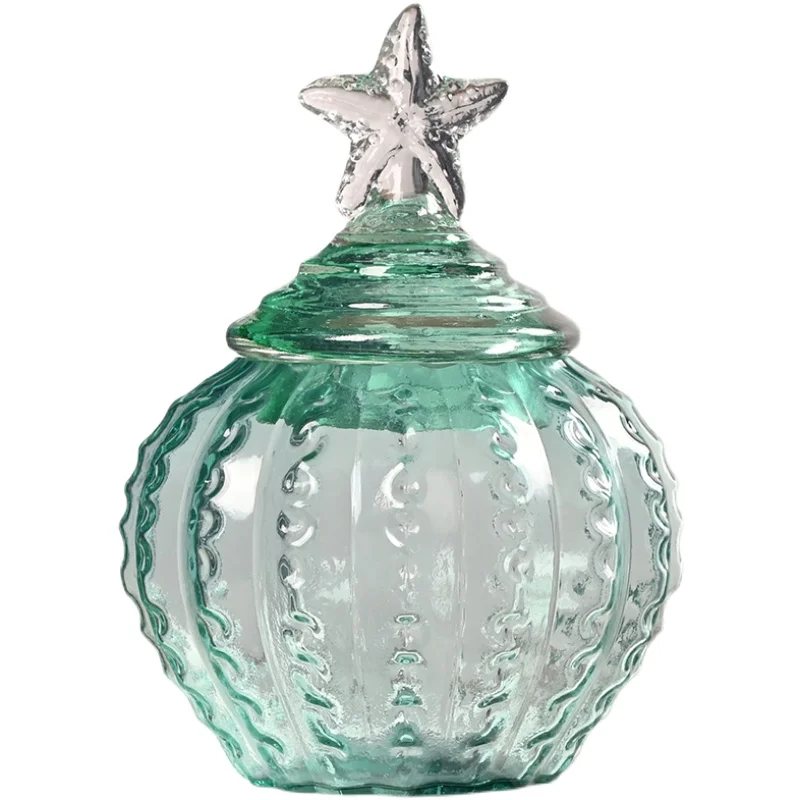 Simple Mediterranean Blue Green Ocean Five-Pointed Star Glass Storage Jar Household Storage Candy Box Sample Room Decoration