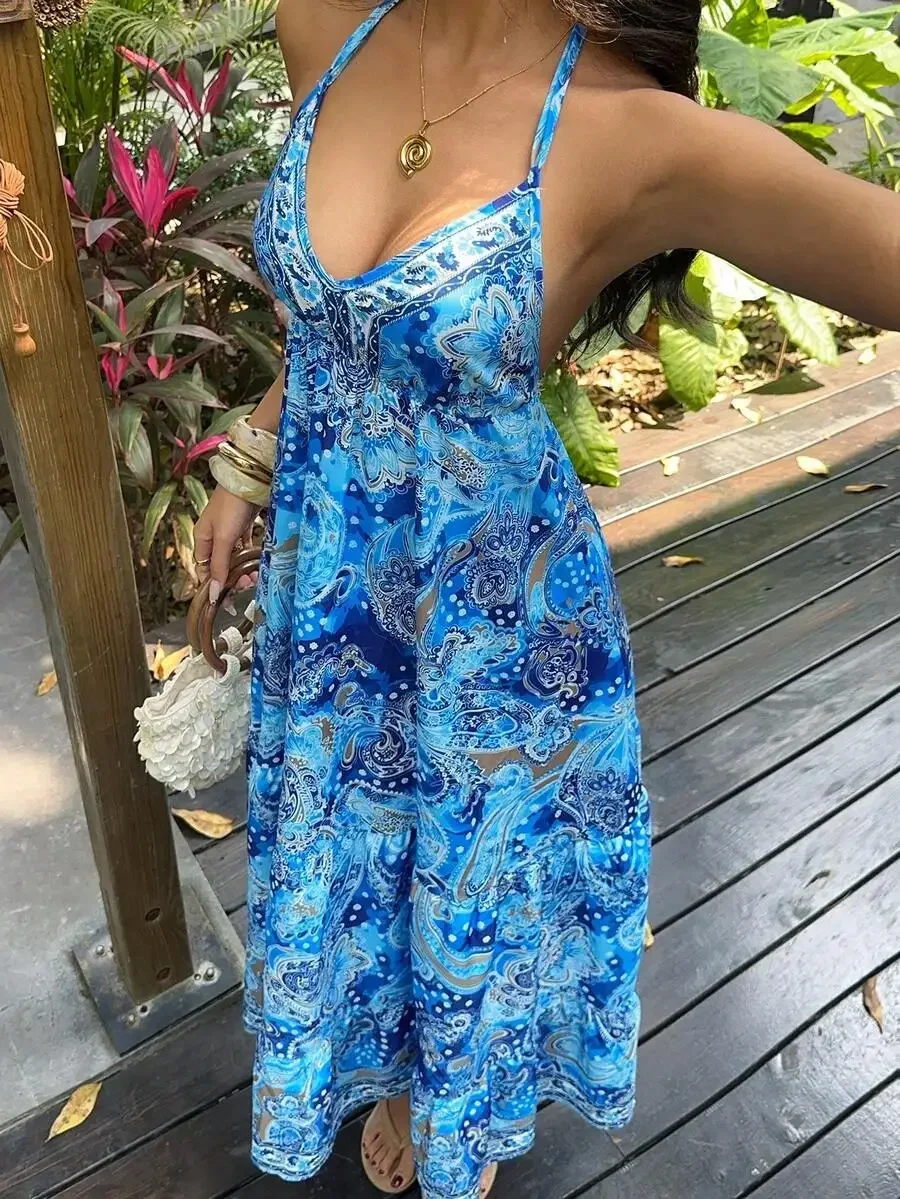 

Bohemian Halter Backless Blue Floral Print Summer Beach Dress For Women