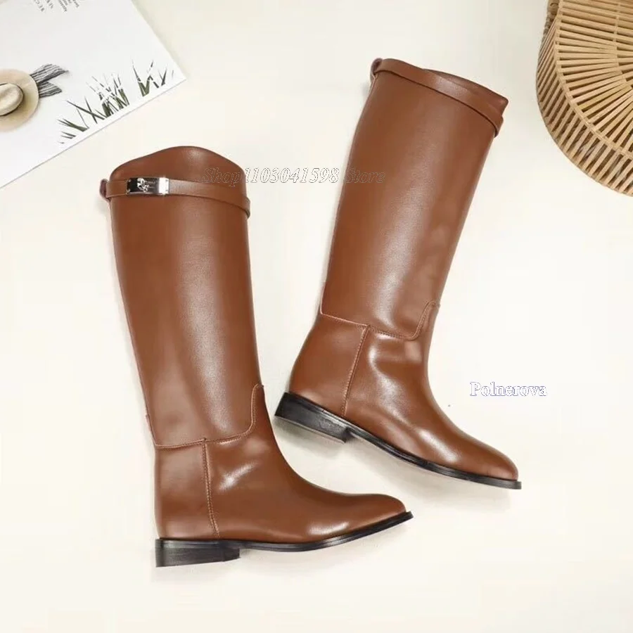 Solid Color Minimalist Long Boots Comfortable Low Heel Women Shoes Fall New Button Design Heels 2023 New Zapatos Para Mujere