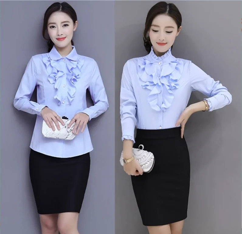 2025 primavera y otoño nueva versión coreana de las mujeres camisa de manga larga con cuello alto OL camisa básica ajustada profesional con volantes sh